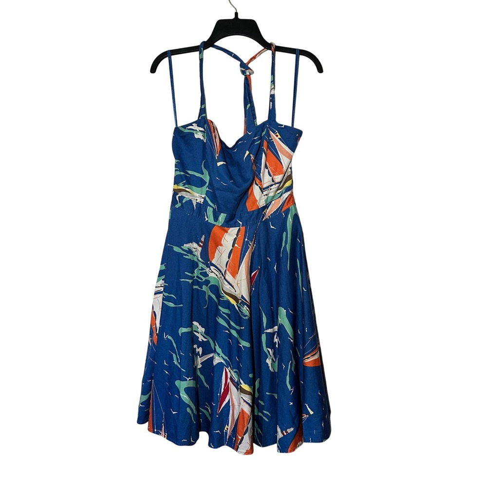 American Living Blue Sailboat Print Halter Fit & Flare Dress Womens 10 Nautical‎